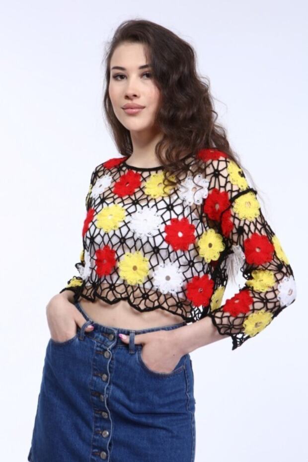 Renkli Papatya Siyah Dantel Örme Bluz - 2