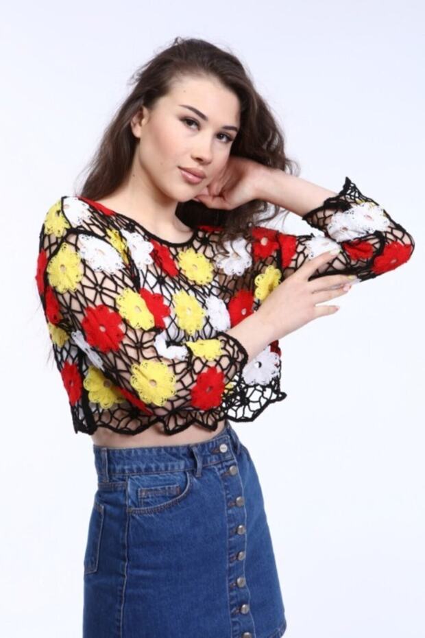 Renkli Papatya Siyah Dantel Örme Bluz - 3