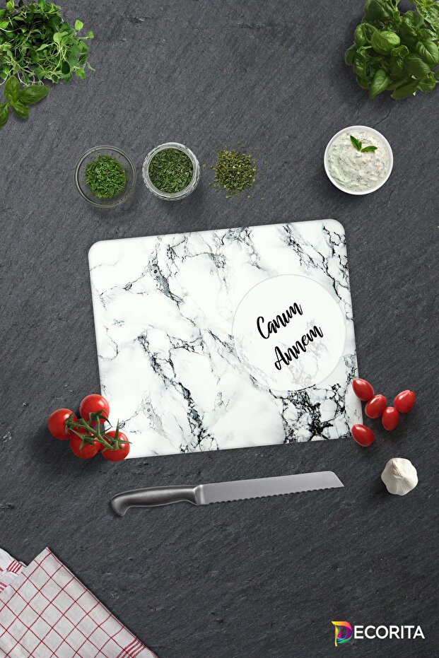 Glass Cutting Board - Glass Cutting Board | White Marble Look | 29cm X 34cm