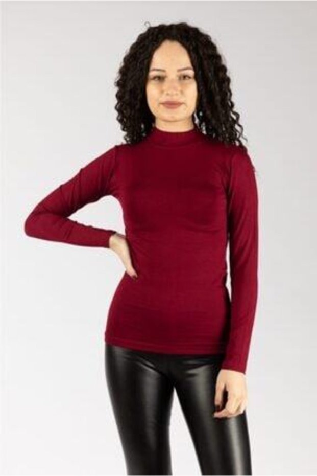 Women's Burgundy Long Sleeve Half Fisherman Lycra Combed Cotton Body
