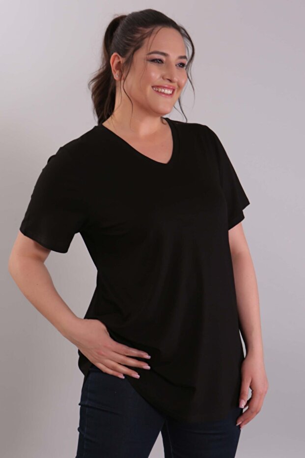 Kadın Siyah V Yaka Basıc Bluz - 4