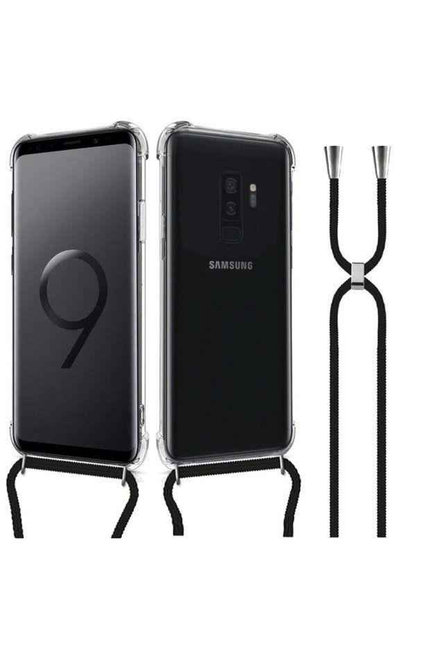 جراب سيليكون شفاف متوافق مع هاتف Galaxy S9 Plus مع حزام رقبة برباط أسود