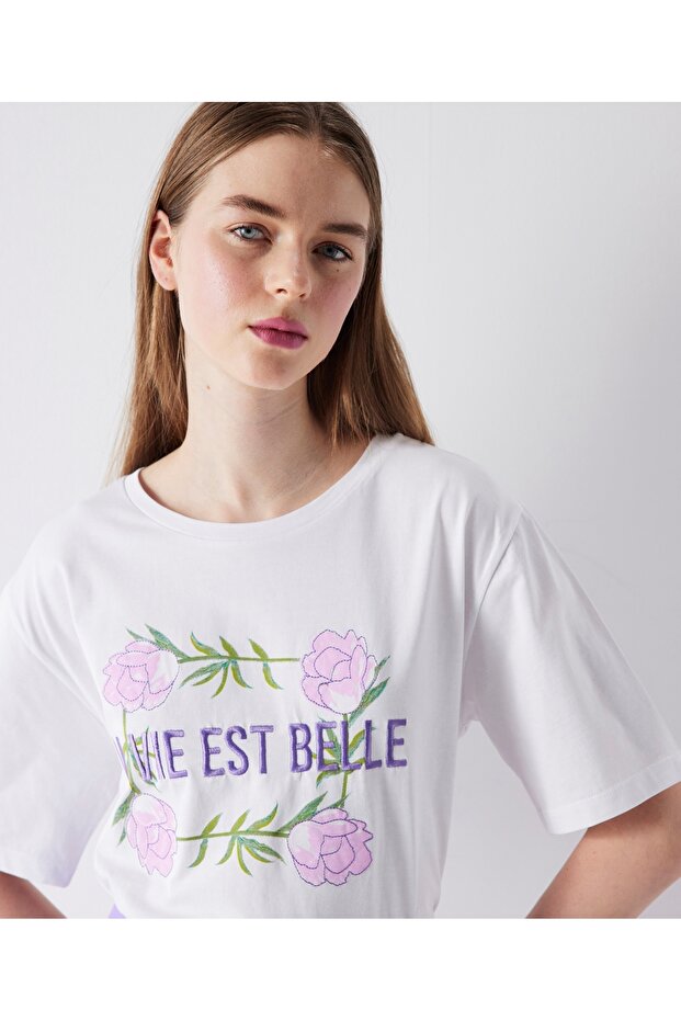 Slogan Embroidered T-Shirt