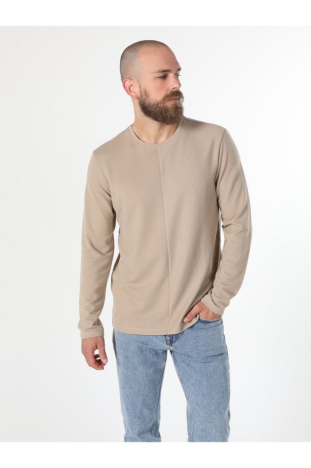 Regular Fit Bisiklet Yaka Normal Kesim Bej Erkek Uzun Kol Tişört - 3