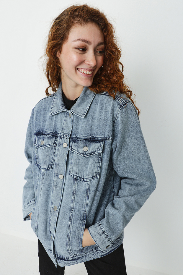 Kadın Mavi Cepli Oversize Denim Ceket - 6