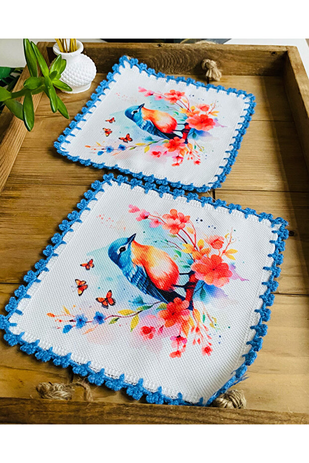 2 Decorative Blue Bird Patterned Cocktail Napkins