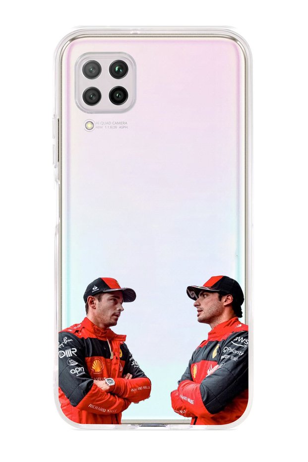 حافظة شفافة متوافقة مع هاتف Huawei P40 Lite مع تصميم كارلوس ساينز وشارلي لوكلير فورمولا 1