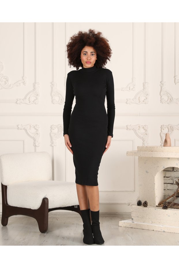 BLACK HITTEN IN THE BODY MIDI SIZE FISHER COLLAR KNITTED DRESS