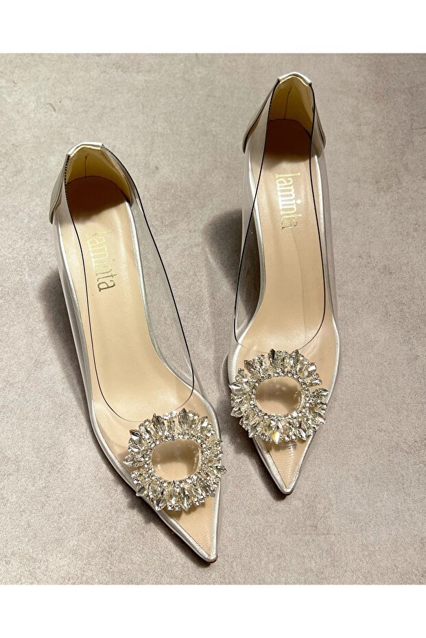 Mia silver transparent stone-embellished women's heeled shoes