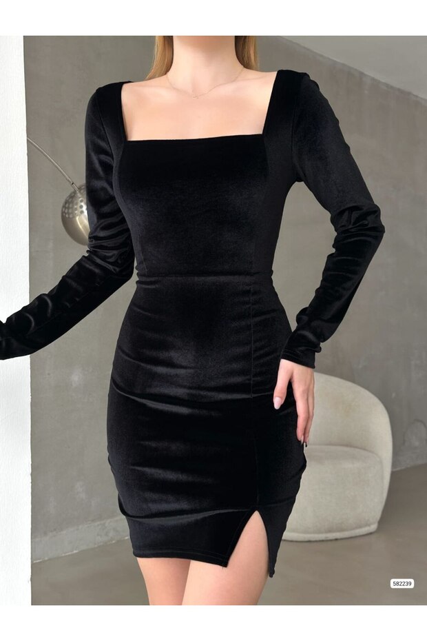 Women's Long Sleeve Square Neck Skirt Slit Velvet Dress Black