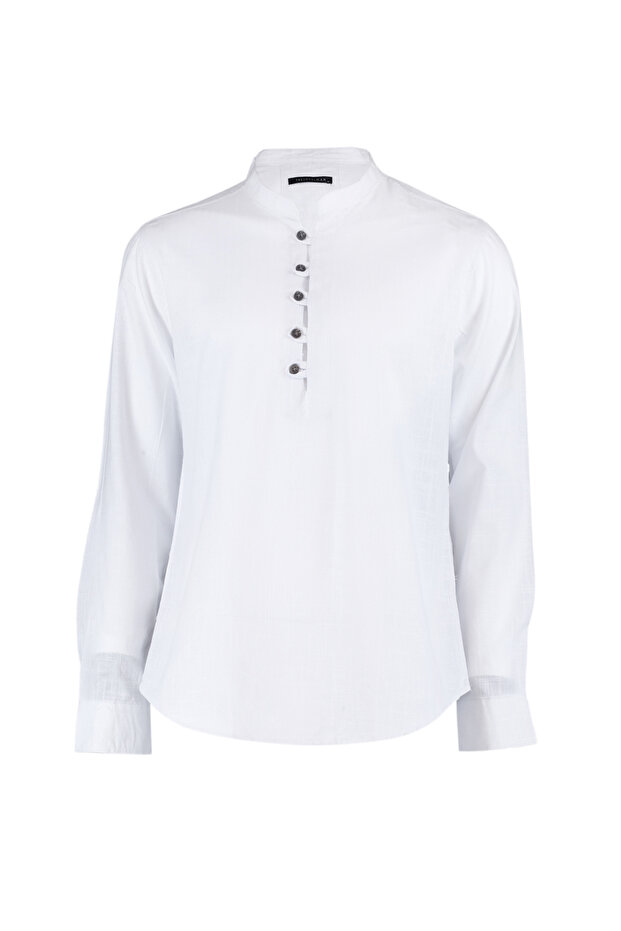 Beyaz Slim Fit Yarım Patlı Düğmeli Hakim Yaka %100 Pamuklu Gömlek TMNSS20GO0097 - 6
