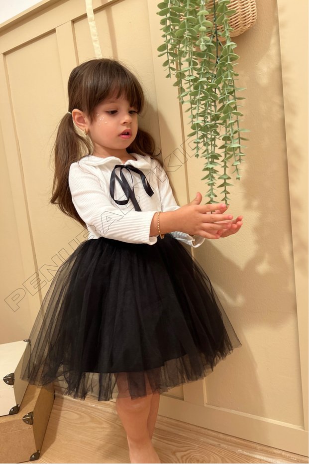 Black Ribbon Baby Neck Long Sleeve Baby Girl Dress - Heidi