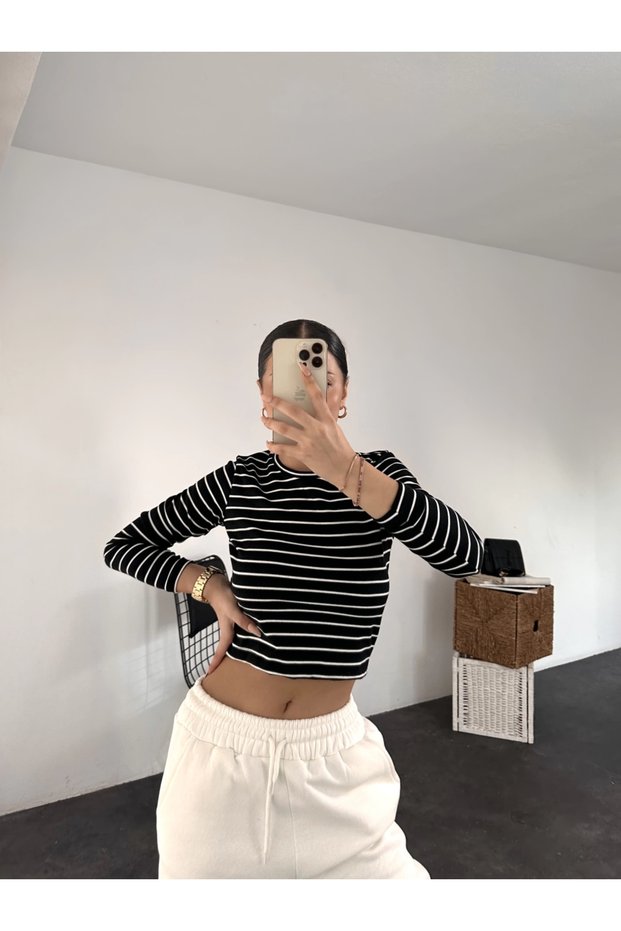 Women's Ribbed 100% Cotton Crew Neck Knitted Camisole Long Sleeve Crop Bluz