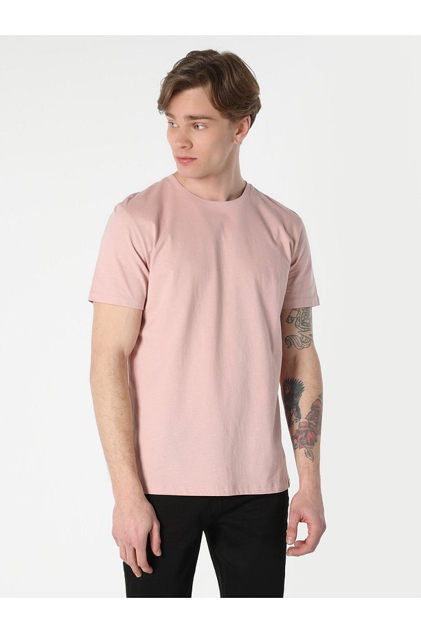 Regular Fit Bisiklet Yaka Basic Pembe Erkek Kısa Kol Tişört - 1