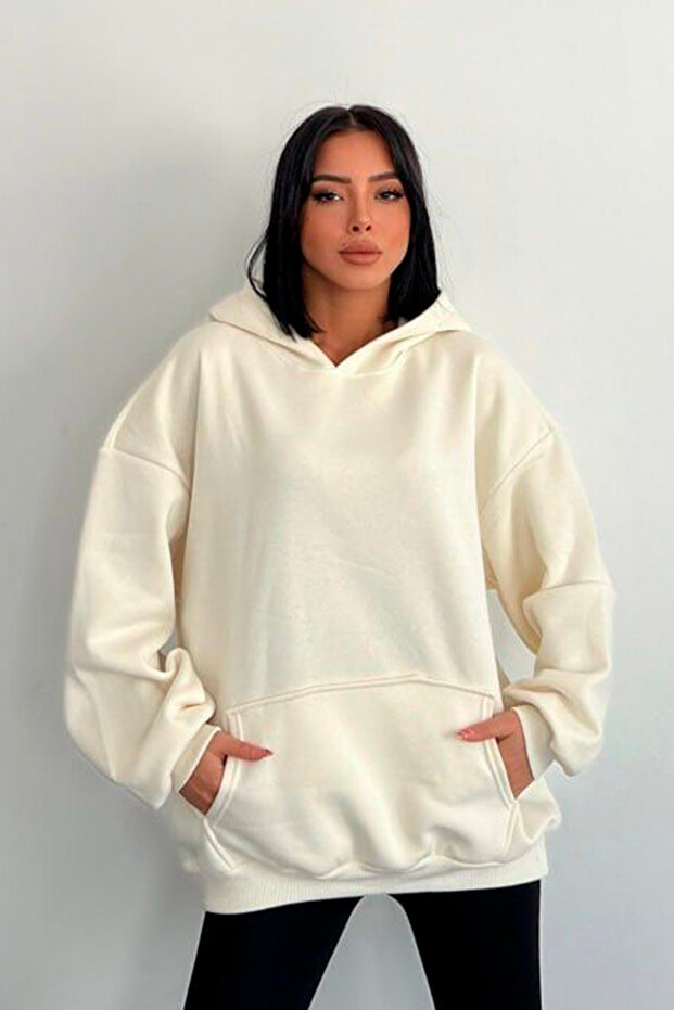 Ecru Oversize Hoodie 3 Thread Raster Unisex Hooded Sweatshirt