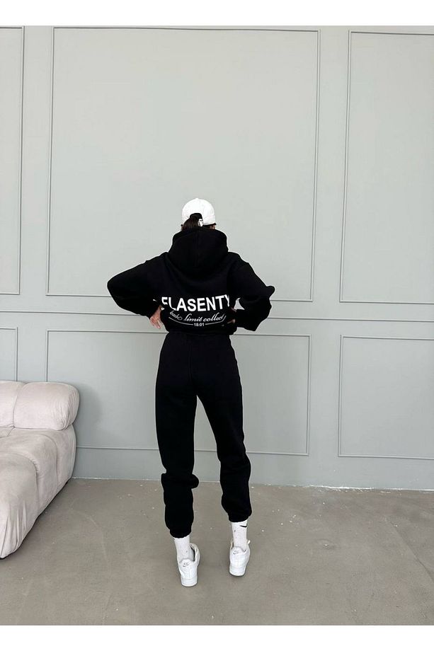 Flasenty Kışlık Alt Üst Takımı Sweatshirt Eşofman Altı - Siyah Baskılı Oversize Kapüşonlu - 1