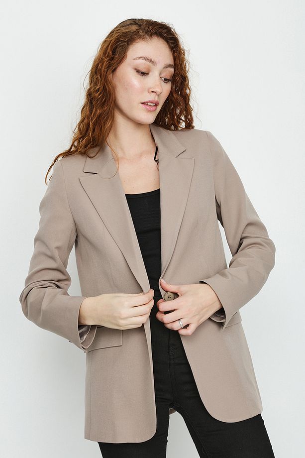 Kadın Vizon Tek Düğme Kapamalı Dokuma Blazer Ceket - 2