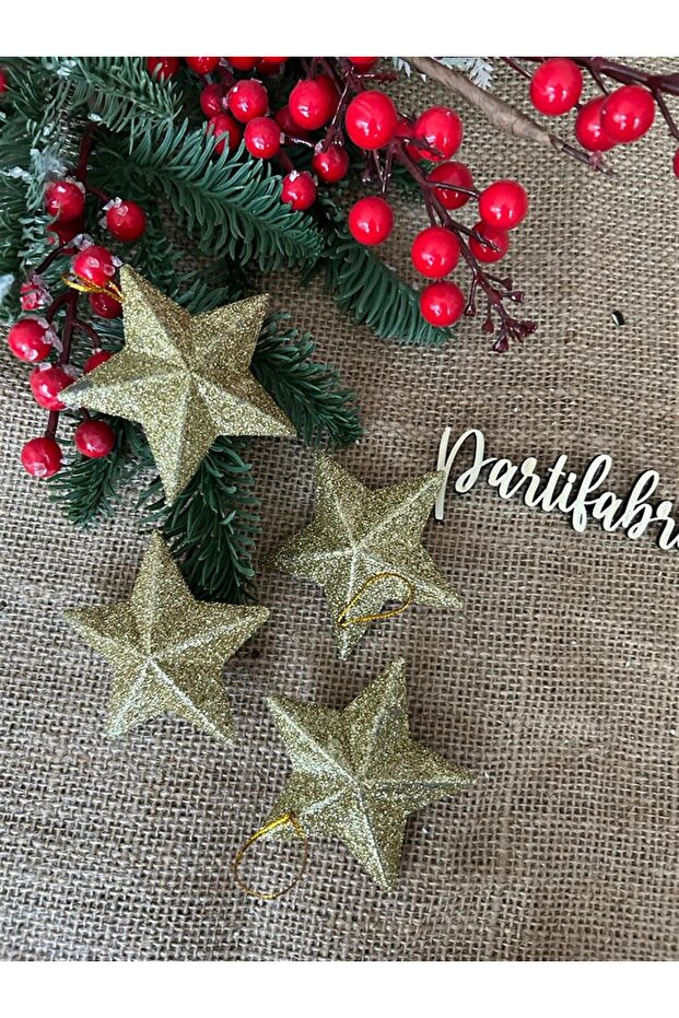 New Year's Pine Tree Silvery Gold Star Ornament Set 7 Cm 4 Pieces