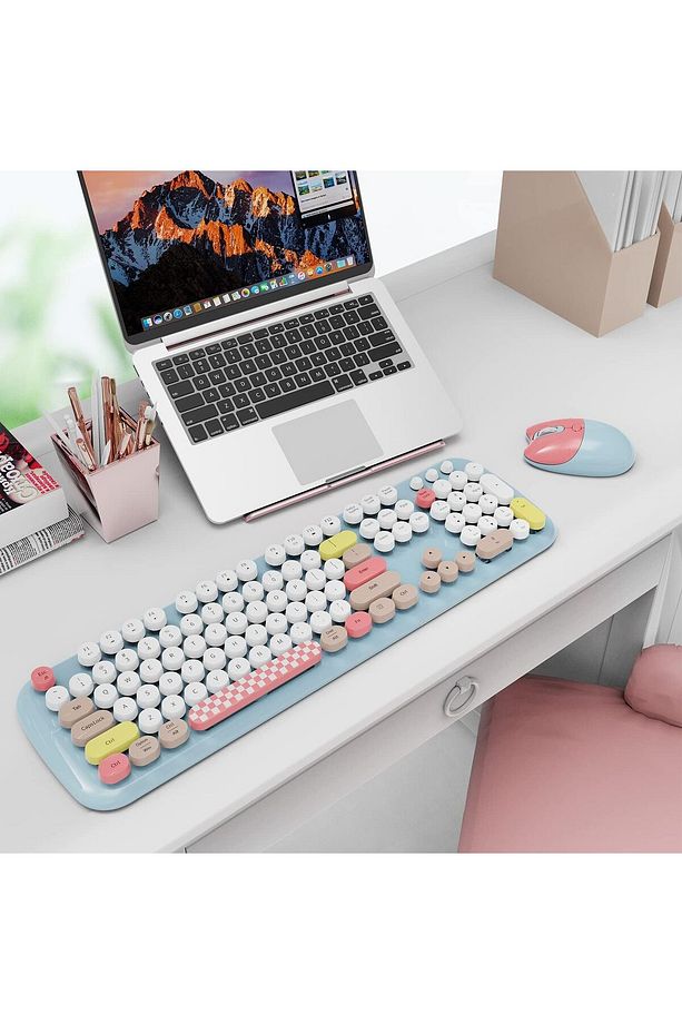 Kablosuz Klavye Ve Mouse Set 104 Tuşlu Retro Ve Şık Daktilo Renkli Tuş Tarzı Q Klayve - 2