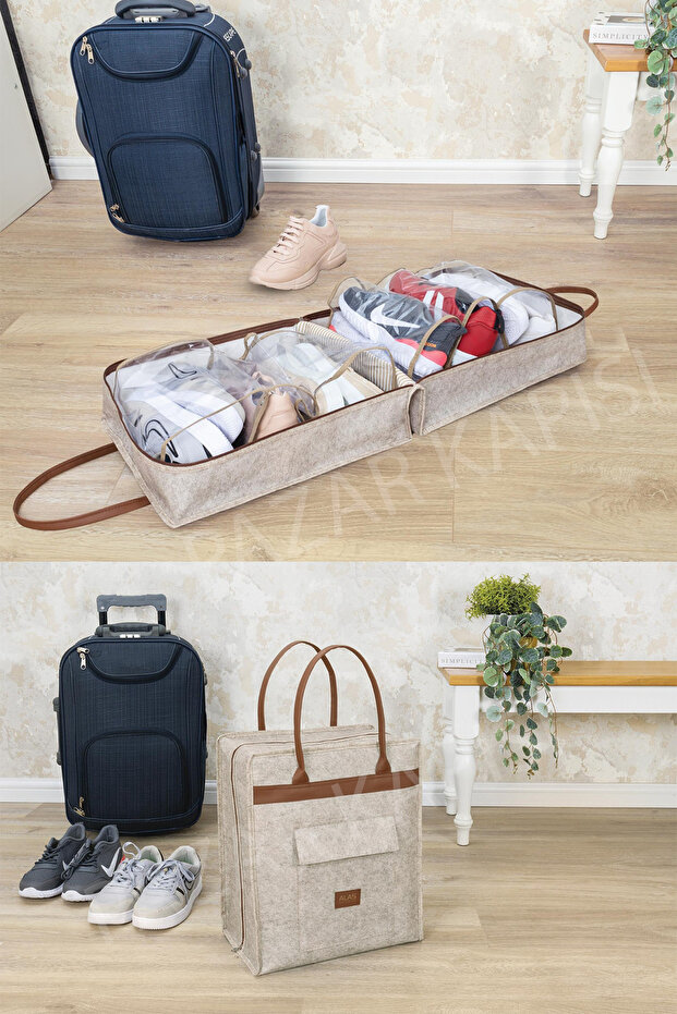 Leather Handle Shoe Travel Bag Beige
