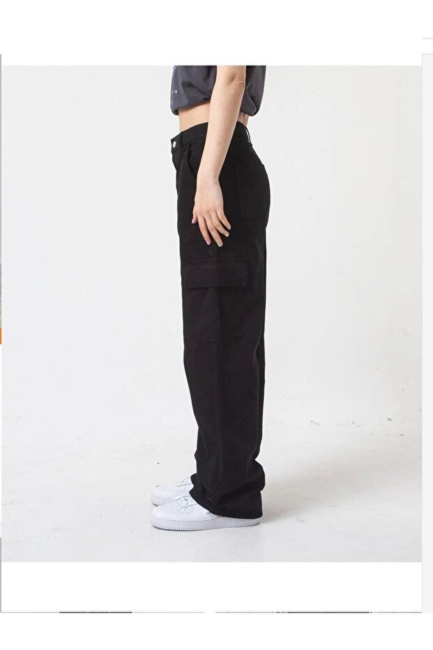BLACK High Waist Loose Wide Leg Jeans with Cargo Pocket