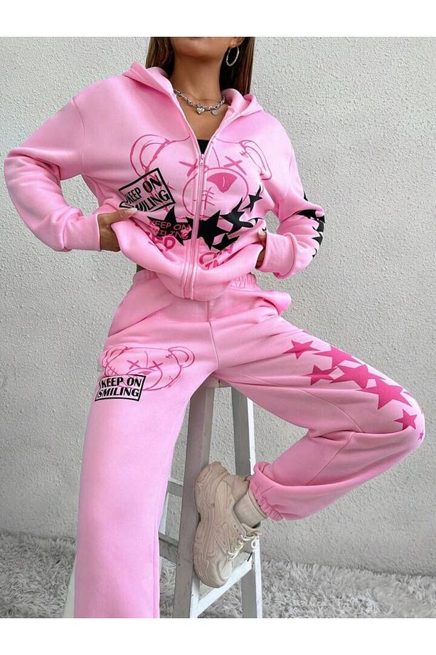 Kadın Pembe Keep On Smiling Baskılı Oversize 3 İplik Hırka Eşofman Takımı - 1