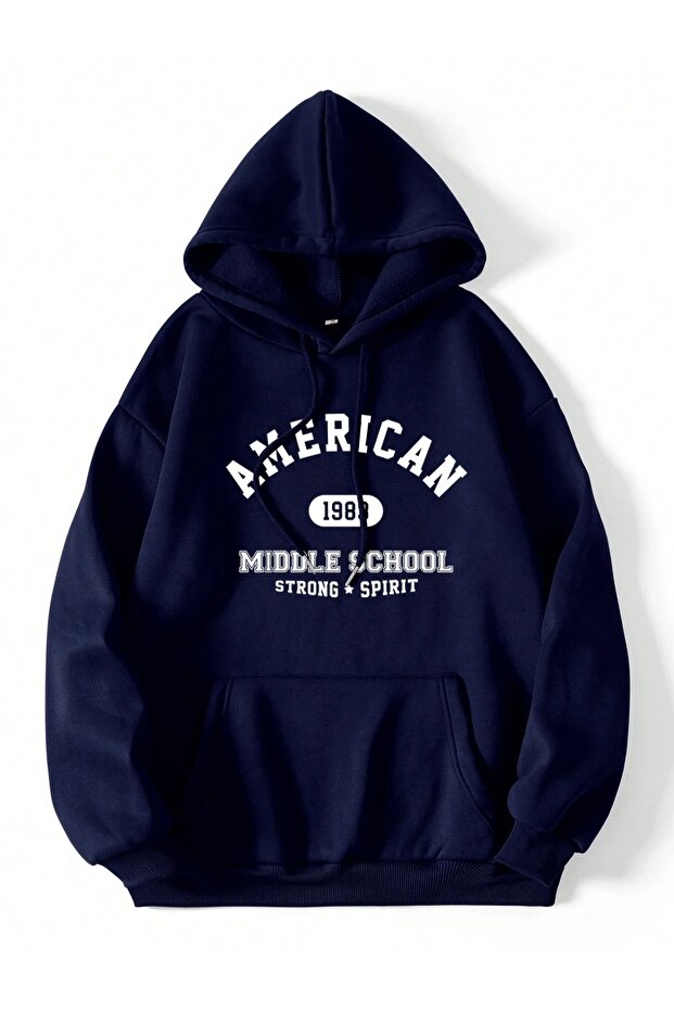 Men's Navy Blue American Middle Printed Hooded Oversize Sweatshirt
