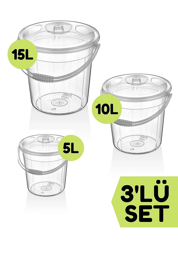 3lü 15-10-5lt Kapaklı Su Kovası Şeffaf - Temizlik Bahçe Kovası Un Bakliyat Saklama Kutusu - 1
