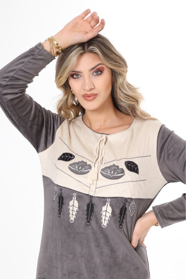 Women's Gray Collar Embroidery Detailed Velvet Dress