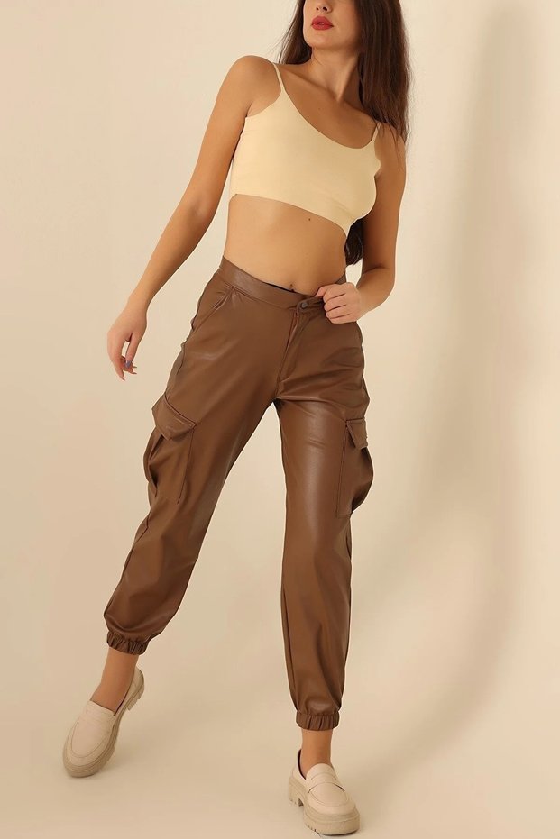 Women's Velvet Covered Cargo Pocket Full Flexible Elastic Leg Leather Trousers