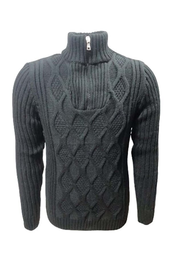 Ce-Ce C3179 Men's Regular Fit Cotton Half Zipper Stand Collar Sweater - ST00265-Black-3XL