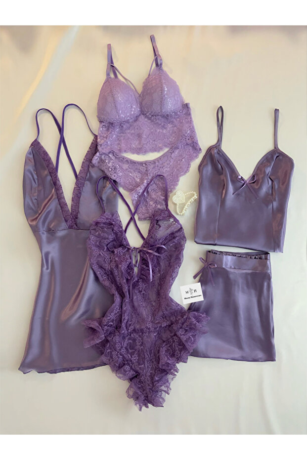 Boxed 6-Piece Satin Lilac Pajamas Underwear Dowry Set
