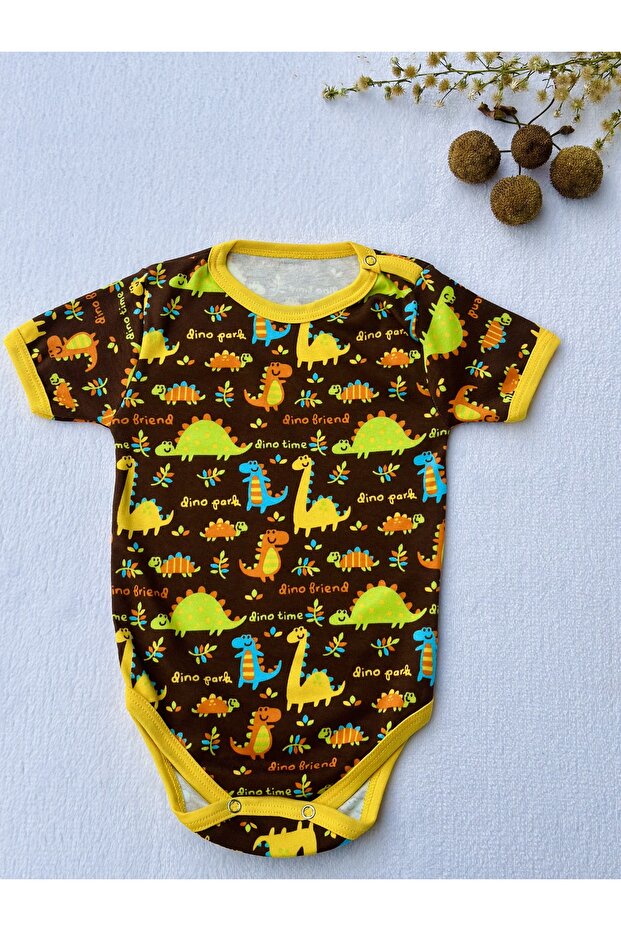 Dinosaur Patterned Unisex Baby, Child Shortcut Bodysuit, 100% Cotton Flexible Fabric Baby Bodysuit