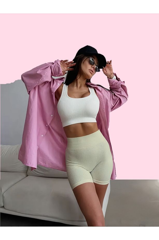 Dublin Model Seamless Fitilli Spor Şort Örme Model Sıkılaştırıcı Ekru Renk - 5