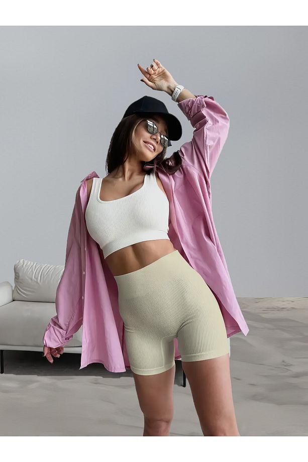 Dublin Model Seamless Fitilli Spor Şort Örme Model Sıkılaştırıcı Ekru Renk - 3