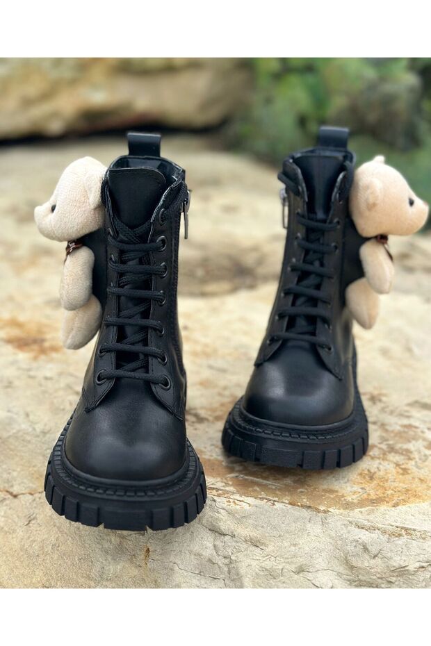 Ayıcıklı Kız Çocuk Bot, Fermuarlı Çocuk Bot, Siyah Çocuk Bot - 2