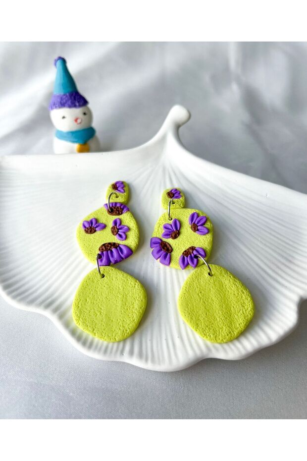 Pistachio Green Purple Flower Detailed Design Daily Summer Beach Polymer Earrings