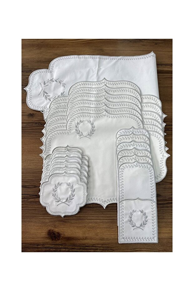Başak Cream Silver American Service 6-Person 19-Piece Embroidered Runner Set Leather Dining Presentation Set
