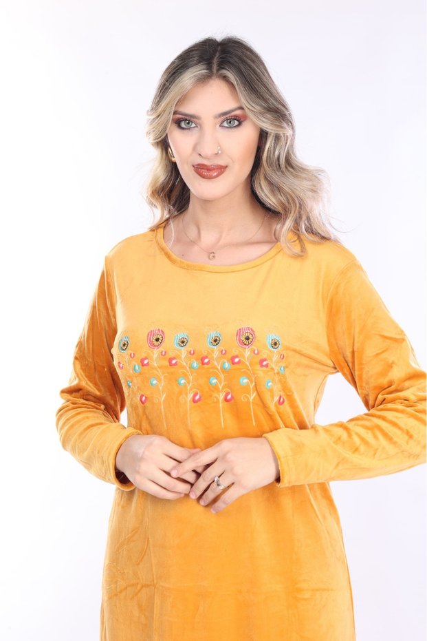 Women's Mustard neckline embroidery detailed velvet long dress