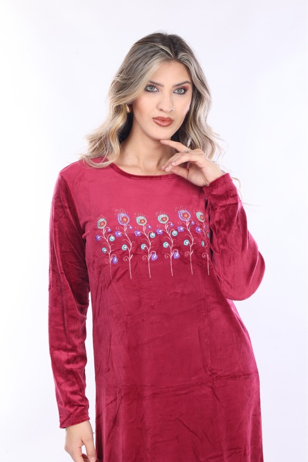 Women's Burgundy neckline embroidery detailed velvet long dress