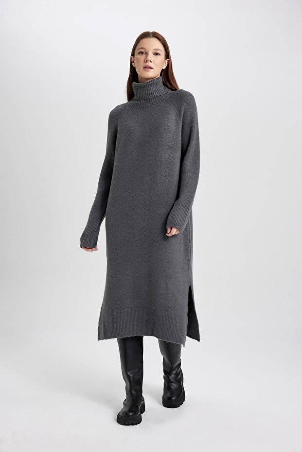 Regular Fit Balıkçı Basic Düz Balıkçı Yaka Uzun Kollu Triko Elbise C1932ax23wn - 3