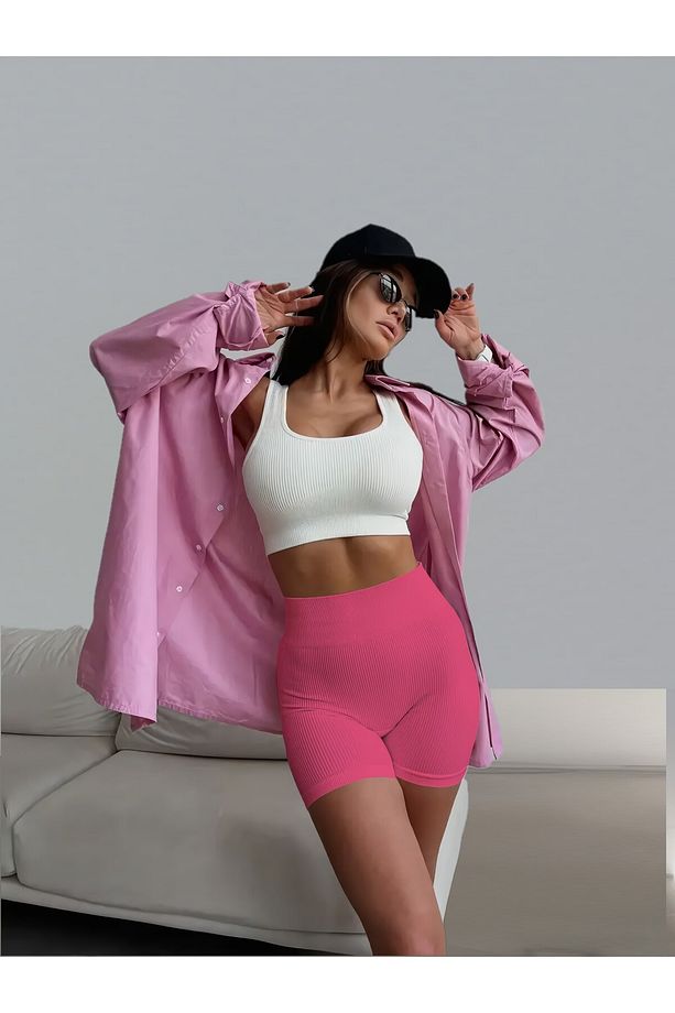 Dublin Model Seamless Fitilli Spor Şort Örme Model Sıkılaştırıcı Şekerpembe Renk - 5