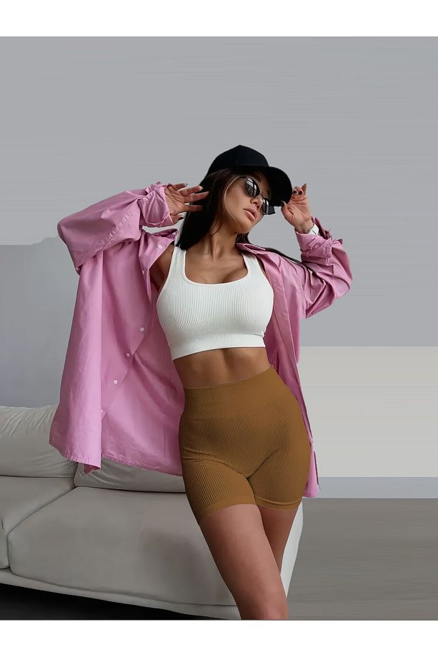 Dublin Model Seamless Fitilli Spor Şort Örme Model Sıkılaştırıcı Caramel Renk - 5