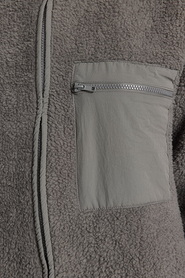 Winter Essentials Antrasit Kalın Polar Fermuarlı Dik Yaka Cepli Örme Sweatshirt TWOAW24SW00071 - 3