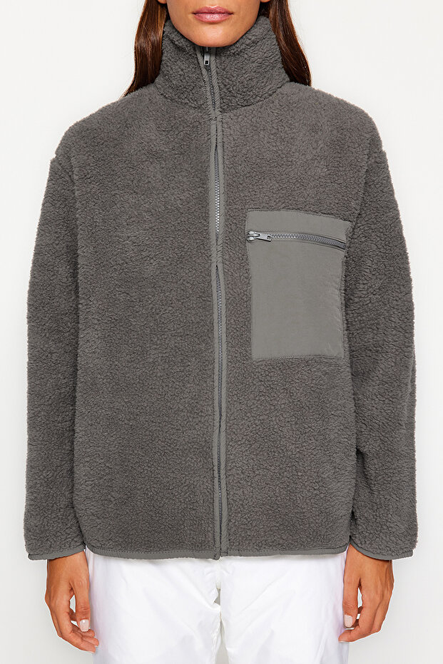 Winter Essentials Antrasit Kalın Polar Fermuarlı Dik Yaka Cepli Örme Sweatshirt TWOAW24SW00071 - 6
