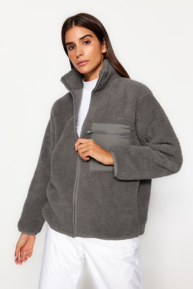 Winter Essentials Antrasit Kalın Polar Fermuarlı Dik Yaka Cepli Örme Sweatshirt TWOAW24SW00071 - 2