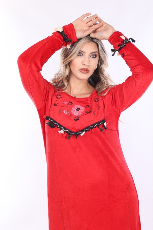Women's Red embroidery detailed velvet dress