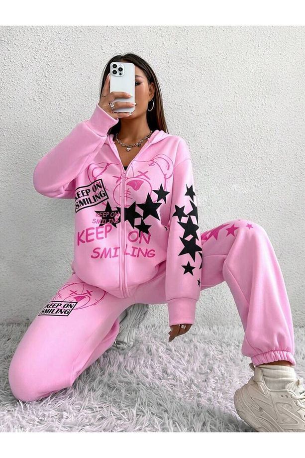 Kadın Pembe Keep On Smiling Baskılı Oversize 3 İplik Hırka Eşofman Takımı - 5