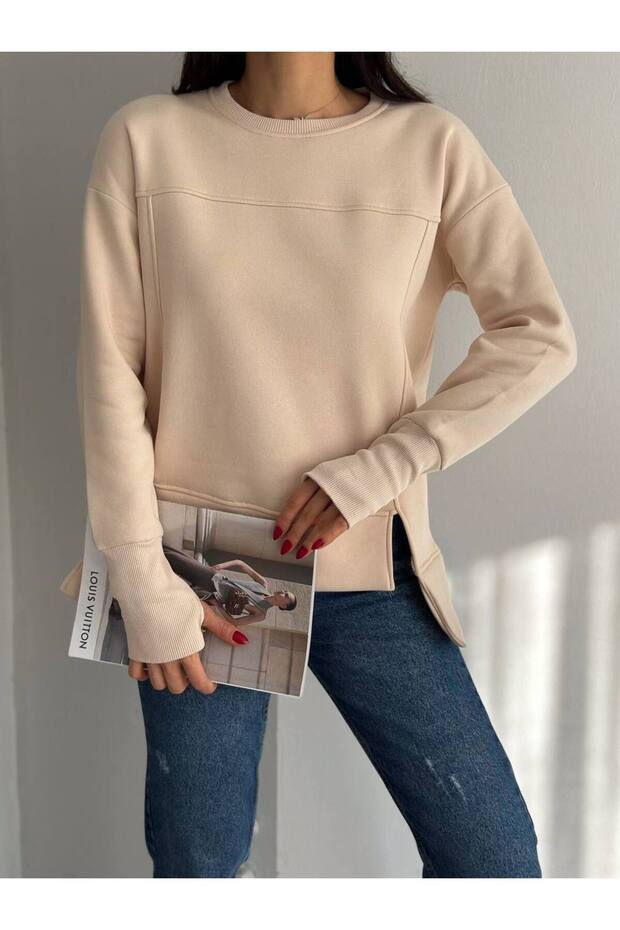 Basic Three Thread Ribbed Sweatshirt with Front Slit Detail - 2