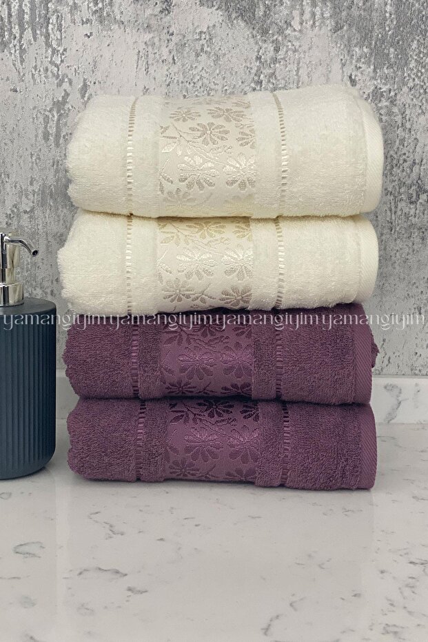 Blossom Hand-Face Towel 4 Pieces-Cream-Plum
